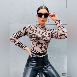 SHEIN Black and Tan Abstract Long Sleeve Mesh Top